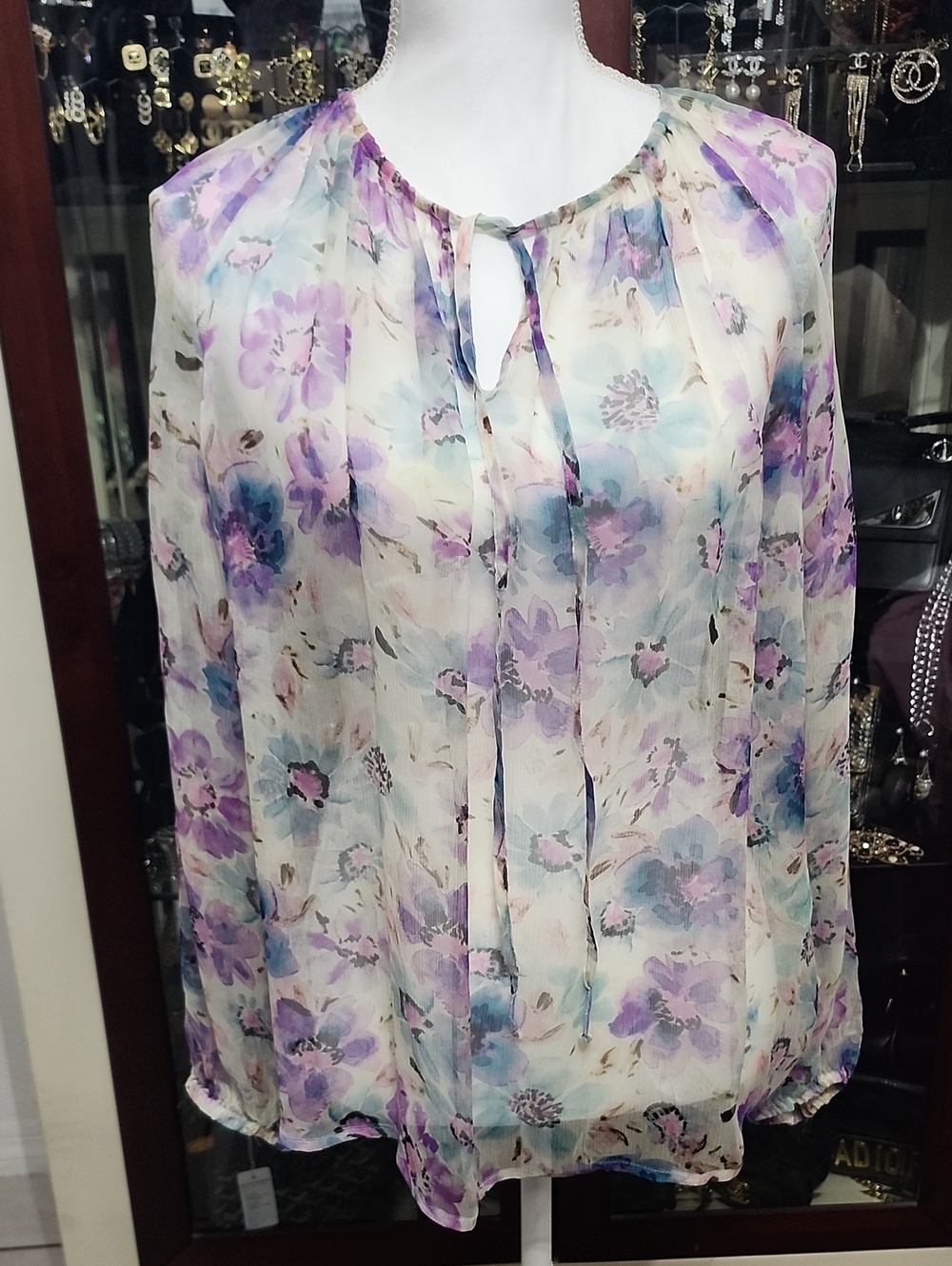 Johnny Was Sheer Floral Tie-Neck Blouse in Lavender and Blue Wash